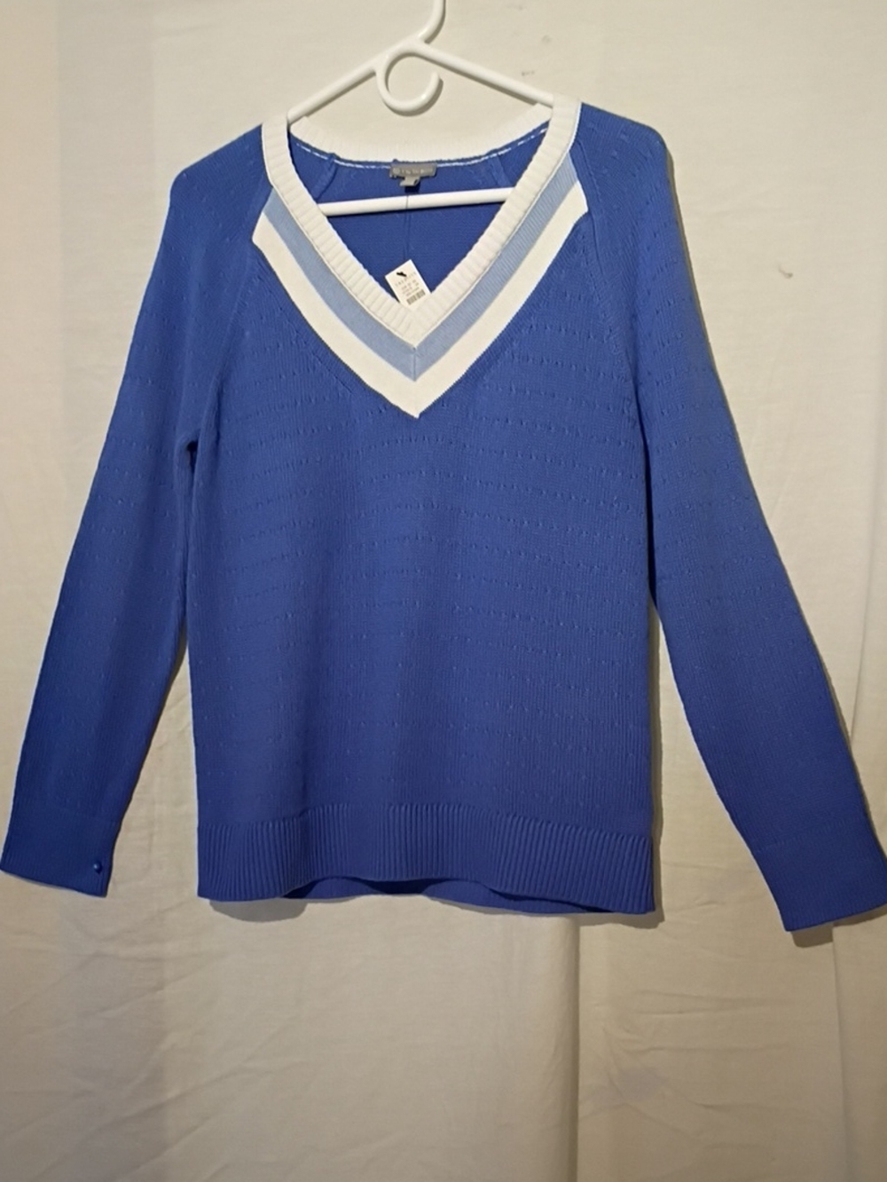 NWT Talbots Royal Blue V-Neck Cotton Knit Sweater with White & Light Blue Trim